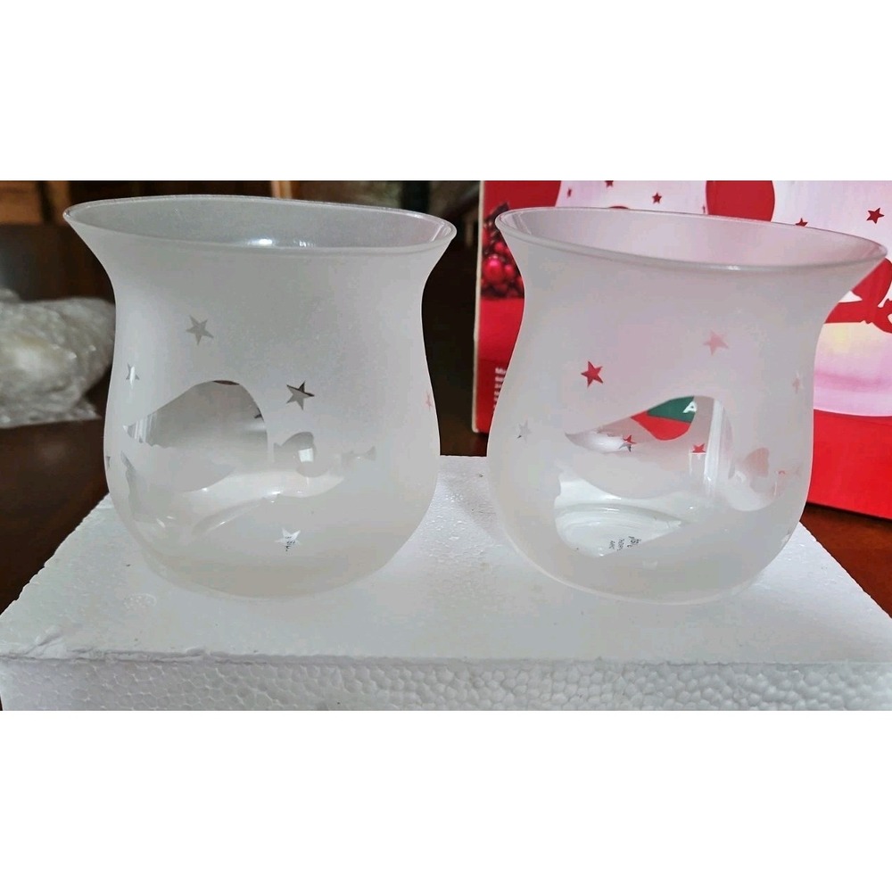 Pfaltzgraff Christmas Angel Mini Frosted Hurricane Candle Holder Pair
